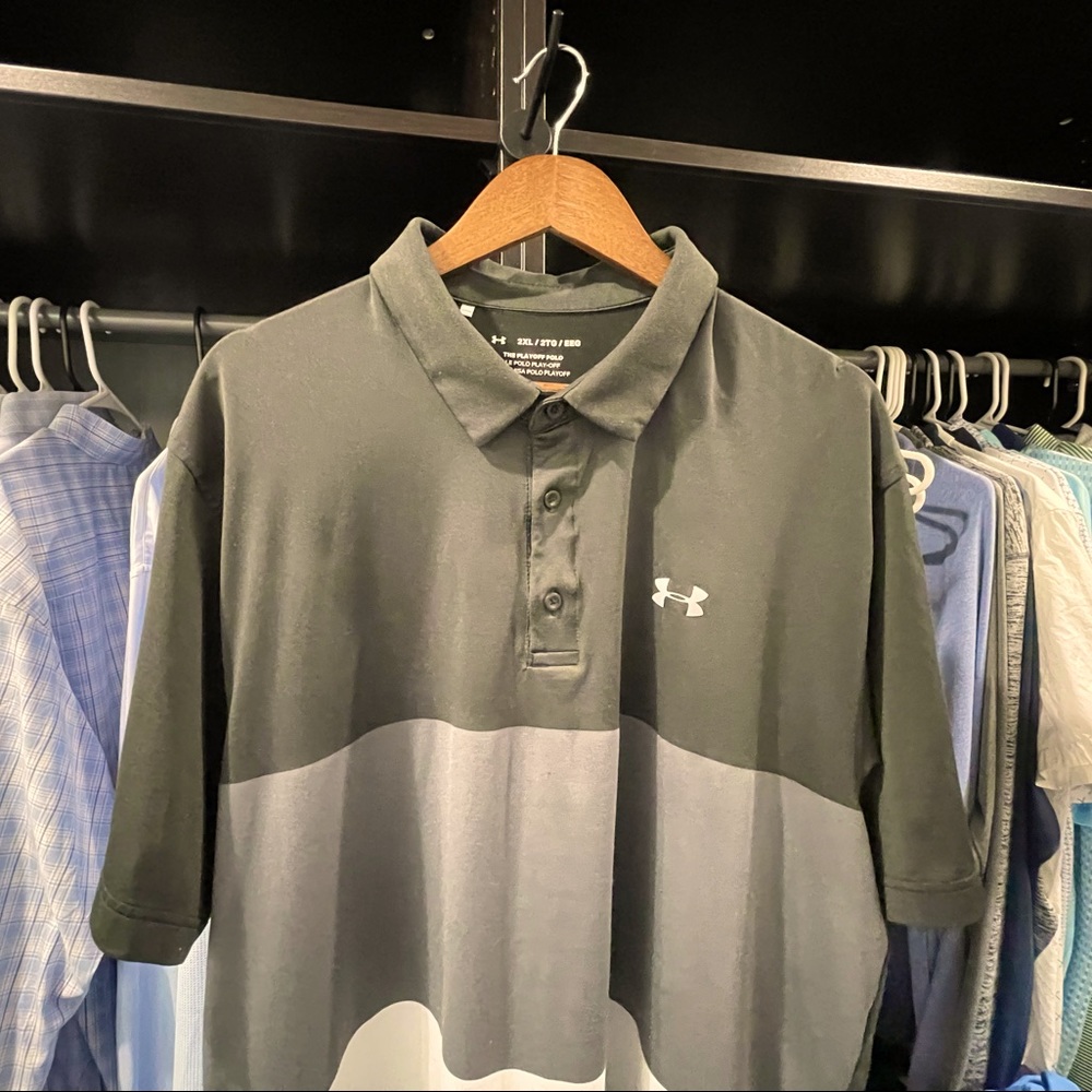 Under Armour short sleeve polo. XXL white w/ gray stripes.